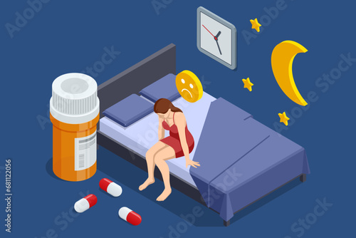 Isometric sleepy exhausted woman lying in bed, can not sleep. Insomnia. Sleeping pills, alarm clock, pillow. Frustrated woman in bed suffering insomnia