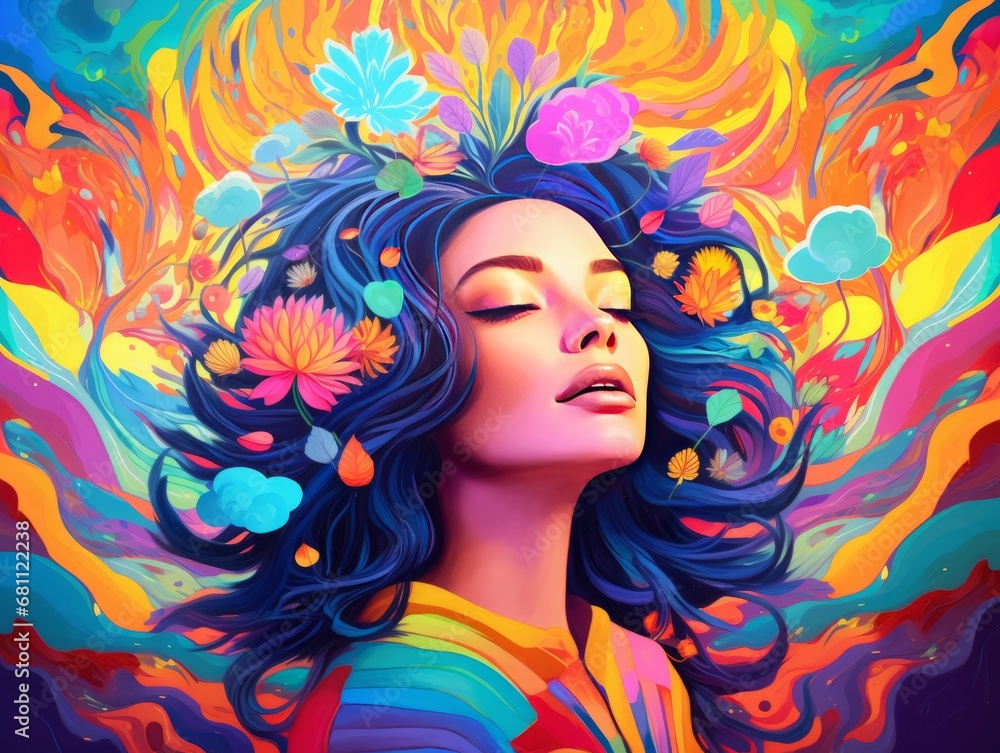 A woman in a colorful vivid dreamy background. an illustration of visual hallucinations. Mental health concept Illustration Generative AI
