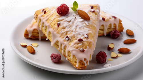 Almond and Raspberry Topped Scone with White Icing Drizzle on a Porcelain Plate