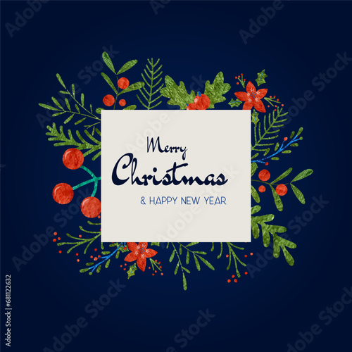 Merry Christmas and Happy New Year square card of watercolor backgrounds, banner posters, holiday covers.