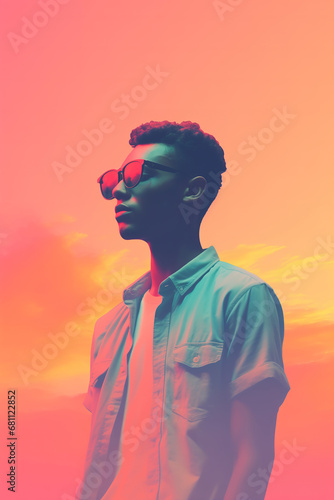 Artistic male summer portrait, silhouette of a teenager wearing sunglasses, warm and desaturated colors