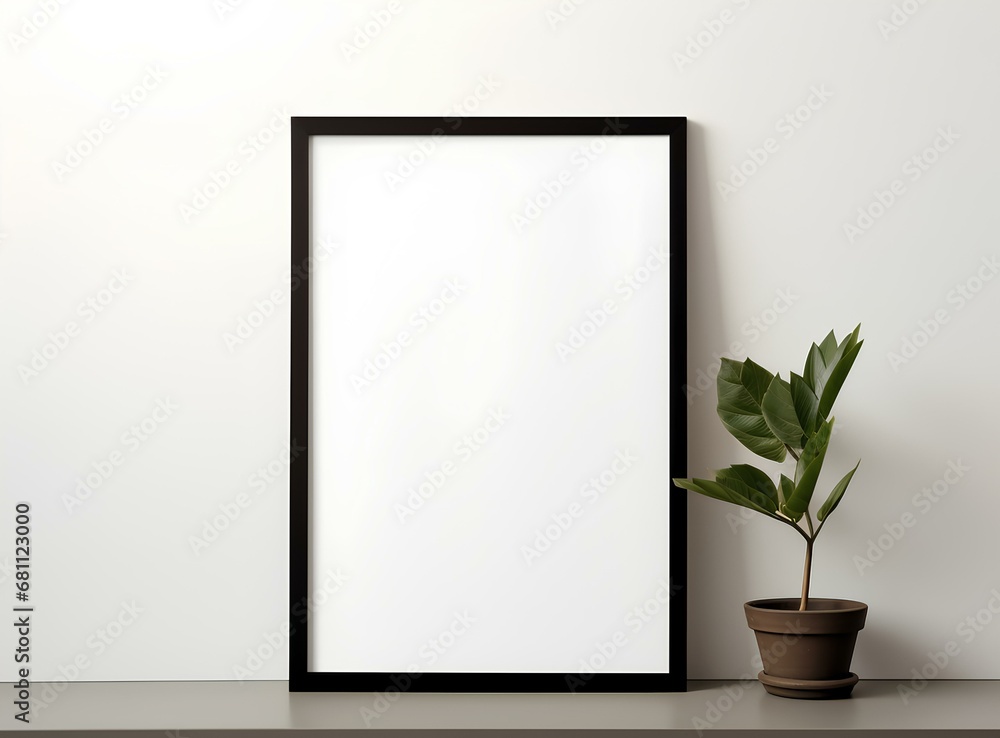 The layout of an empty frame with a vase on the table, made in the style of absolute minimalism. The layout of an empty frame with a vase on the table, made in the style of absolute minimalism.