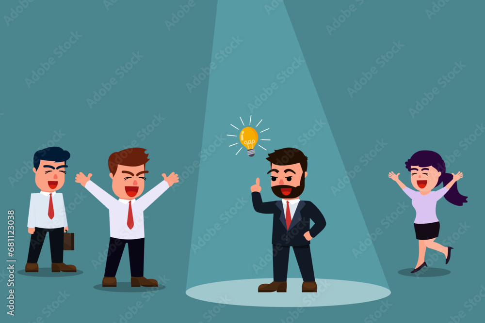 Businessman with idea light bulb in spotlight Stand out from the rest. Other businessmen are congratulating a businessman with a new idea. Business idea concept. Vector illustration Businessman with idea light bulb in spotlight Stand out from the rest. Other businessmen are congratulating a businessman with a new idea. Business idea concept. Vector illustration