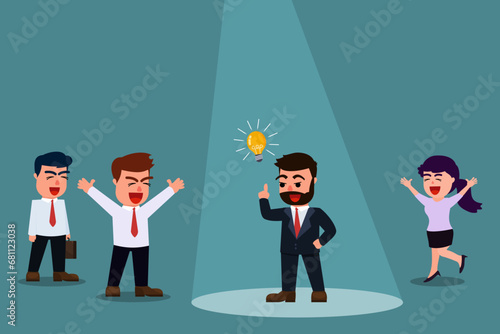 Businessman with idea light bulb in spotlight Stand out from the rest. Other businessmen are congratulating a businessman with a new idea. Business idea concept. Vector illustration