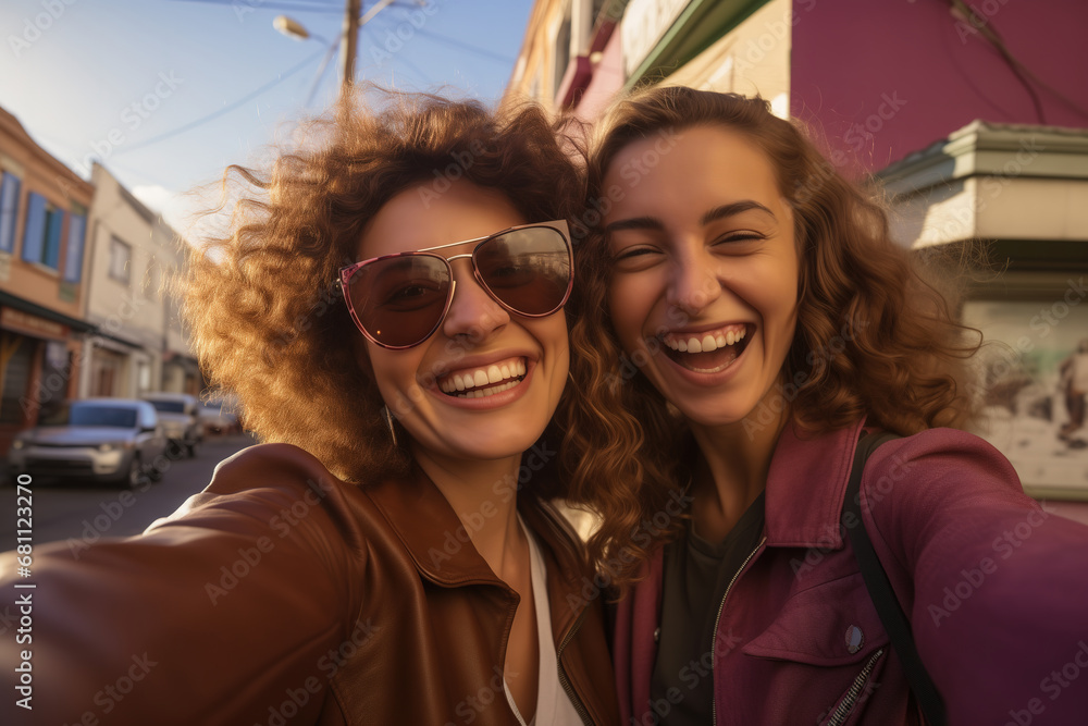 Joyful female couple making selfie at the strre at sunset Joyful female couple making selfie at the strre at sunset