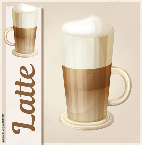 Latte glass vector icon, cup of layered coffee beverage cartoon illustration, capuccino hot drink with milk foam drawing