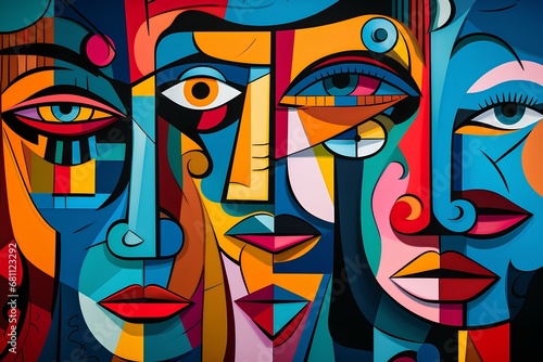 A lot of abstract faces are painted on a colorful background, in the style of modernist illustrations, a flat composition, a multi-layered composition.