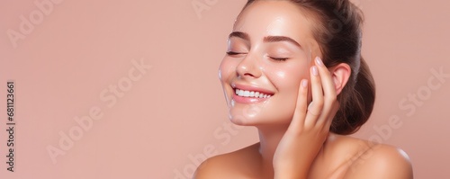Young smiling girl applying moisturizing skincare cream on pink backround. Generative ai