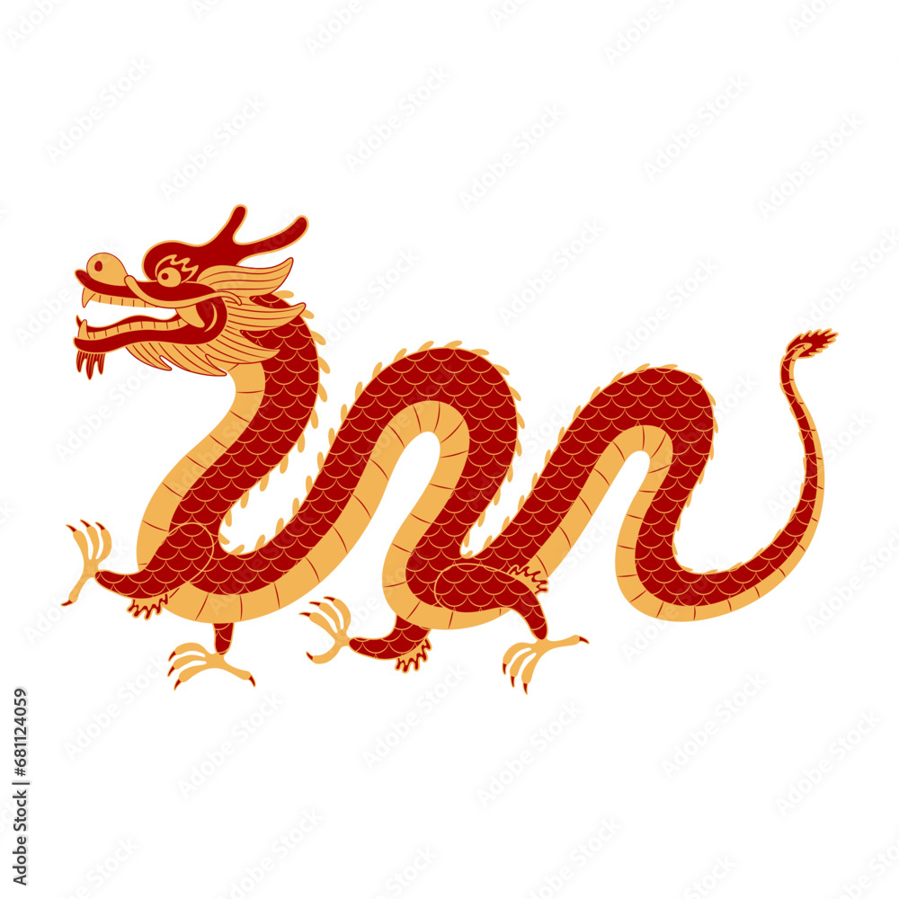 Obraz premium Asian zodiac sign, Chinese dragon character line art illustration. 2024 Lunar New Year hand drawn vector. Asian style design. Element for traditional holiday card, banner, poster, decor
