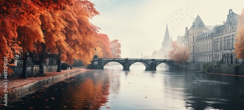 beautiful autumn landscape in town at riverside  Generative Ai