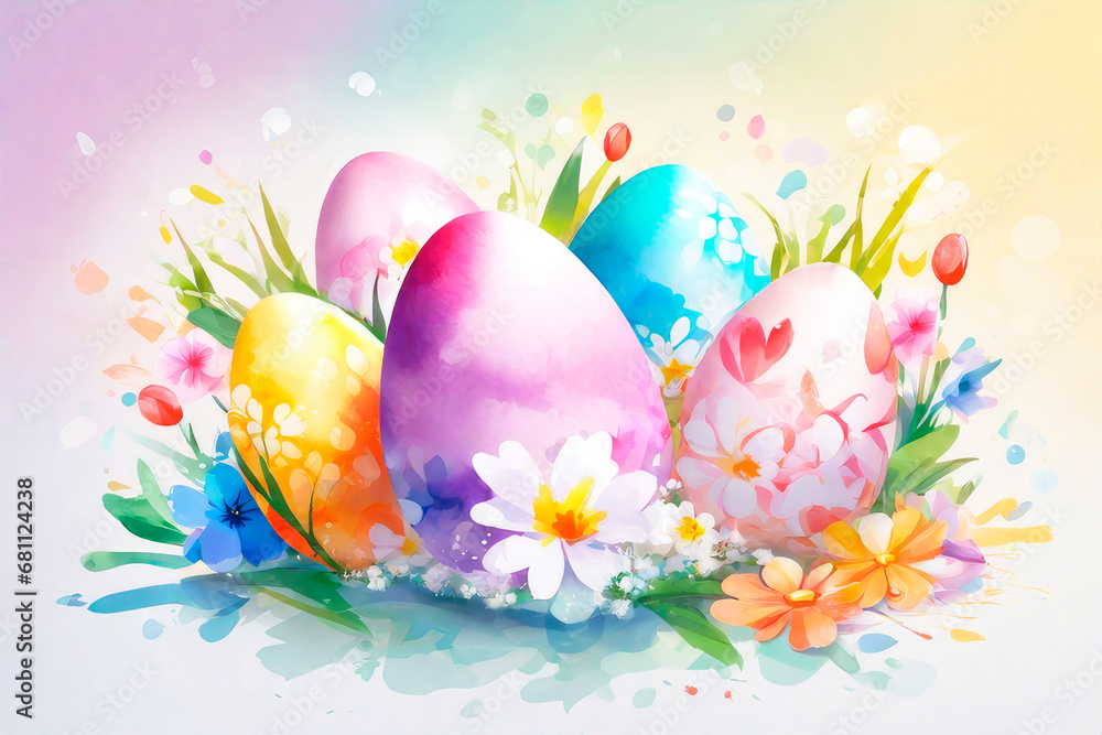Happy easter greeting card with colourful eggs and flowers. Watercolor.
