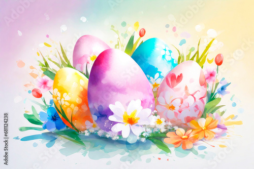 Happy easter greeting card with colourful eggs and flowers. Watercolor.