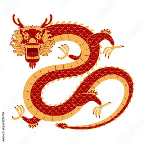 Asian zodiac sign, Chinese dragon character line art illustration. 2024 Lunar New Year hand drawn vector. Asian style design. Element for traditional holiday card, banner, poster, decor