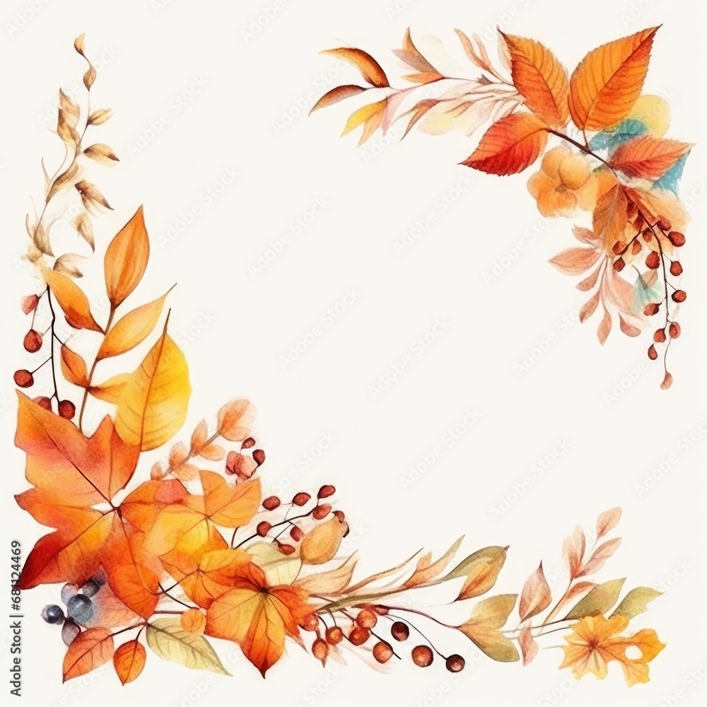 Watercolor Fall Leaves Frame: Botanical Corner Border with Orange Foliage - Autumn-themed Design for Thanksgiving, Harvest, Invitations