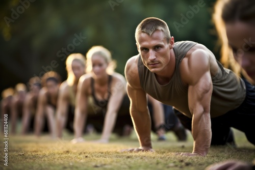Get Fit Outdoors with Abdominal Exercises in Bootcamp Fitness Class for Active Adults. Athletic and Beautiful Caucasian Women Conditioning