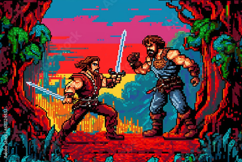 8bit Pixel Darstellung alter Computerspiele. Kämpfer, Helden und Monster
