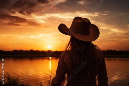 Country Girl Silhouette with Hat - Beautiful Cowgirl Woman on America's Sky Background Lake Beauty photo