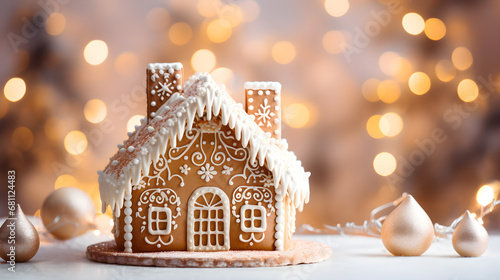 Hand-decorated Christmas gingerbread house decoration on a white background with defocused golden lights,