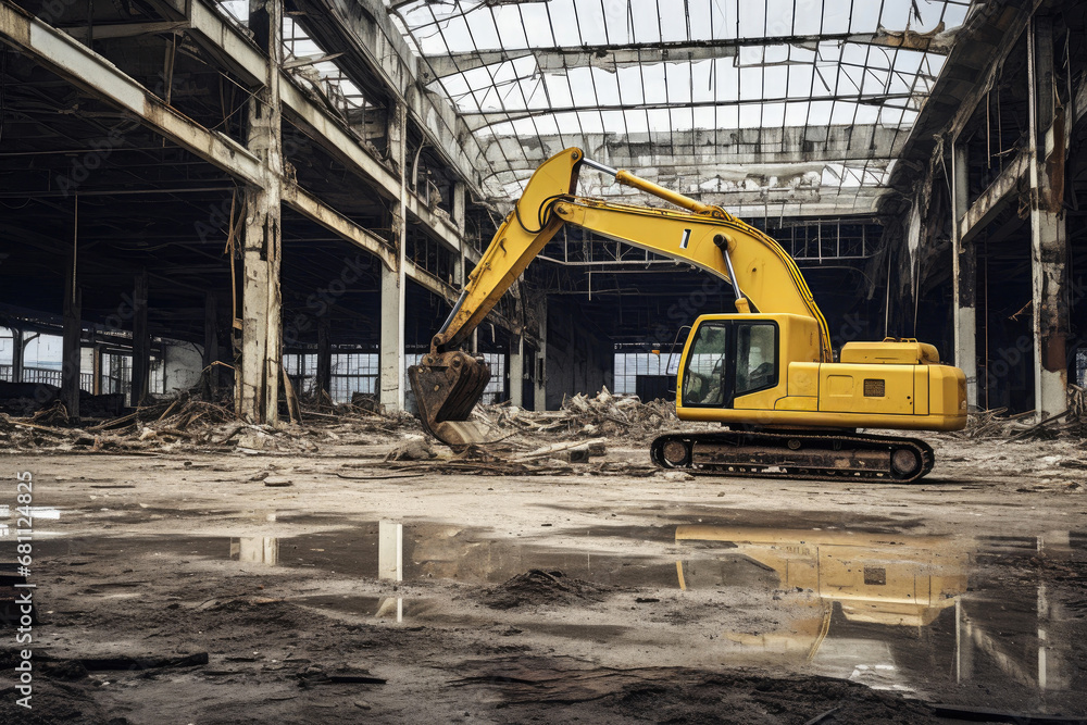 Decrepit Industrial Site with a Bold Yellow Excavator in Focus