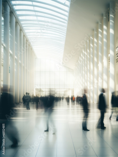 Bright airy hallway with blurred moving people. The concept is urban transit flow.