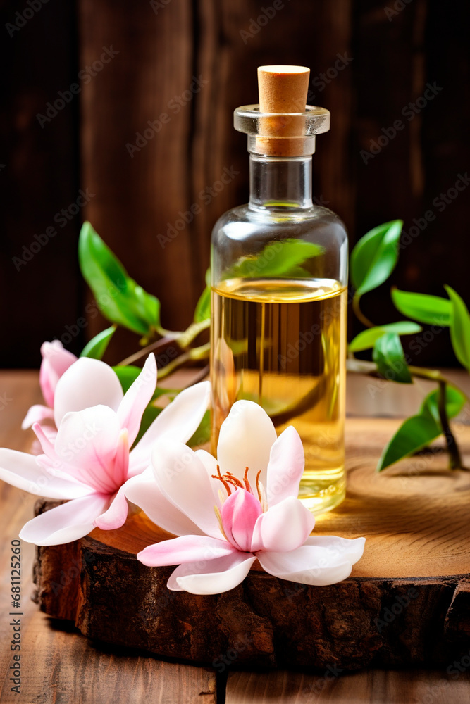 Magnolia essential oil in a bottle. Generative AI, Magnolia essential oil in a bottle. Generative AI,
