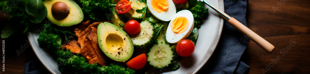 Keto plate eat eggs, avocado, greens, nuts. Generative AI, Keto plate eat eggs, avocado, greens, nuts. Generative AI,