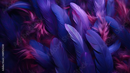 A cascade of deep blue and purple feathers creating a visual flow like a river across a dark background. 