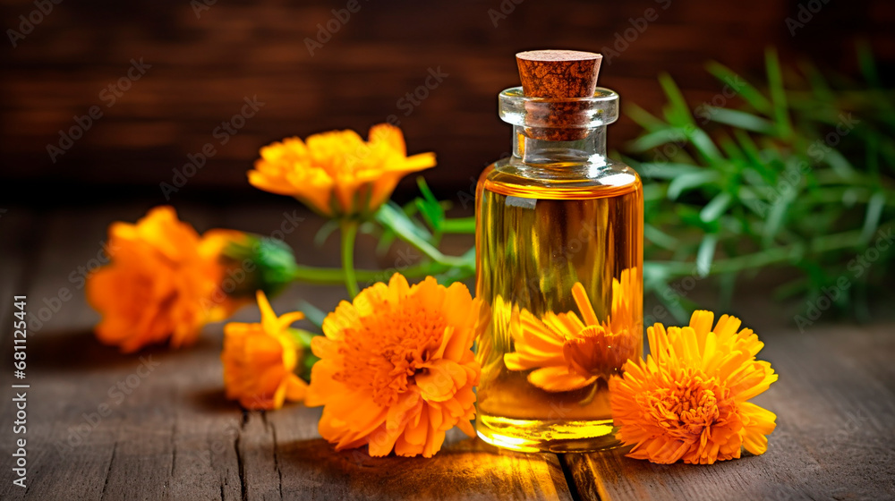 Merigold essential oil in a bottle. Generative AI, Merigold essential oil in a bottle. Generative AI,