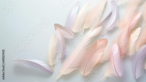 An array of tiny and delicate feathers in soft pastel hues. 