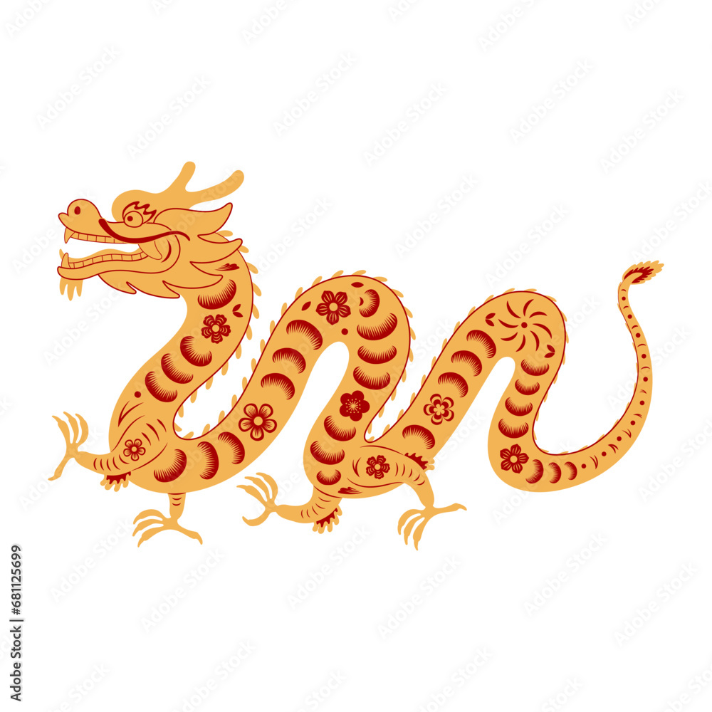 Fototapeta premium Asian zodiac sign, paper cut Chinese dragon character flat illustration. 2024 Lunar New Year hand drawn vector. Asian style design. Element for traditional holiday card, banner, poster, decor
