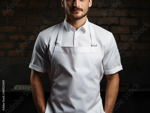 Male chef wearing mockup of blank empty white apron in the kitchen of restaurant, template for shop branding identity photo