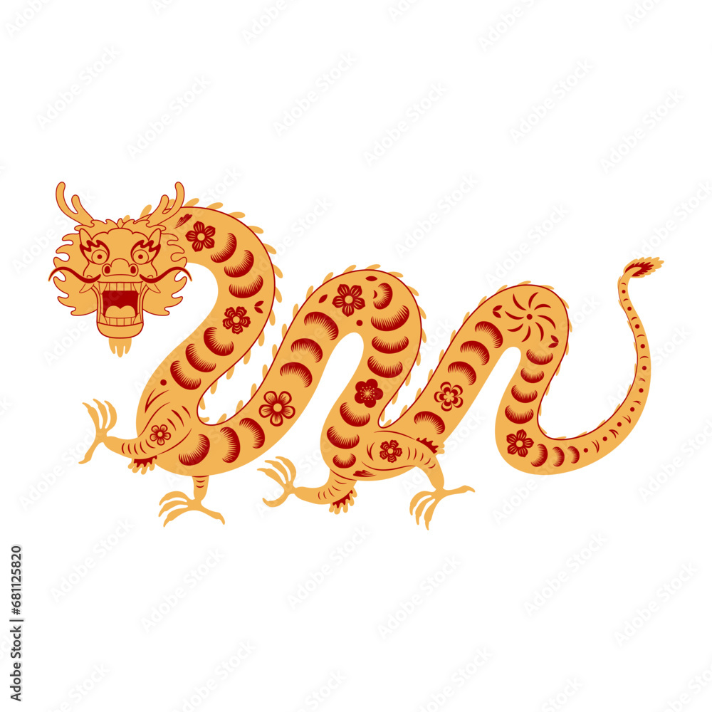Obraz premium Asian zodiac sign, paper cut Chinese dragon character flat illustration. 2024 Lunar New Year hand drawn vector. Asian style design. Element for traditional holiday card, banner, poster, decor
