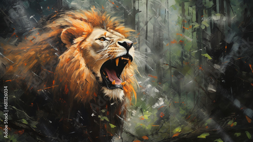 Beautiful lion roaring in a forest, painted lion in colorful colors, dense forest background, abstract oil painting by brushstrokes  