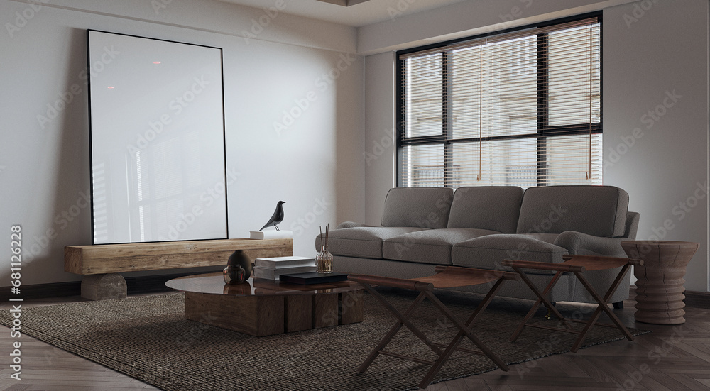 Fototapeta premium Modern minimal interior of living room with black pattern wall background. 3d rendering. 