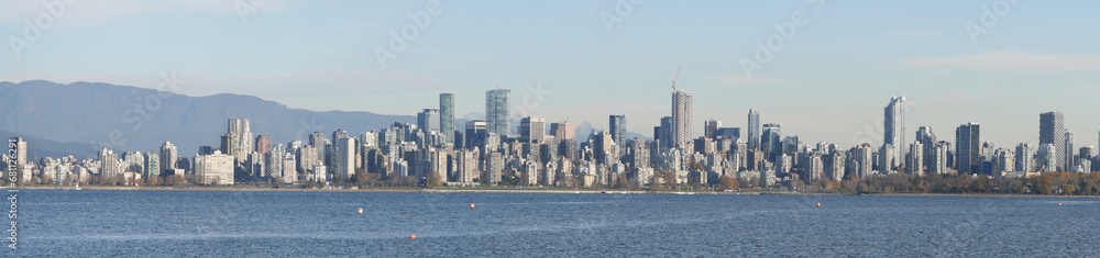 Panorama of the skyline of the city of Vancouver as seen from Jericho Beach during a fall season in Vancouver, British Columbia, Canada