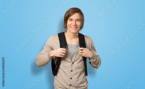 Young college student hold backpack