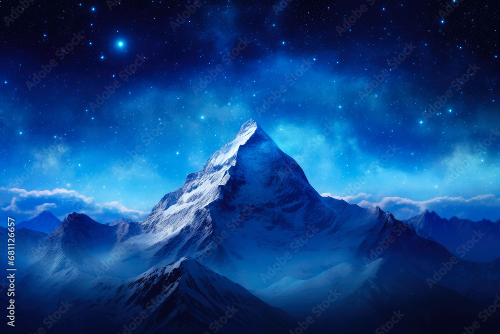 Heavenly Rotation: Stars Whirl Above a Serene Blue Mountain Landscape