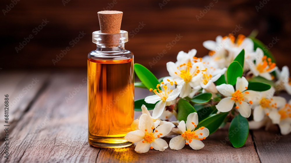 Neroli essential oil in a bottle. Generative AI, Neroli essential oil in a bottle. Generative AI,