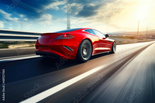 Agile Red Performance Car Navigating Highway Curve © Andrii 