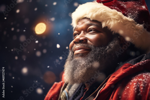 happy African man or old man with Christmas Santa's hat, concept of Christmas and new year, with snow and bokeh background, Xmas