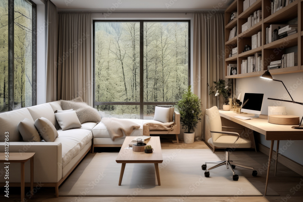 Fototapeta premium Modern home office in the living room, Convenient, comfortable, nice place to work, Remote work from home, Minimal interior decor design background.