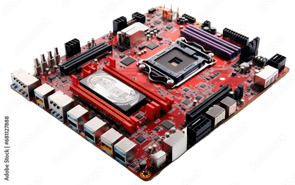 A Realistic Depiction of a Motherboard on a Clear Surface or PNG Transparent Background. A Realistic Depiction of a Motherboard on a Clear Surface or PNG Transparent Background.