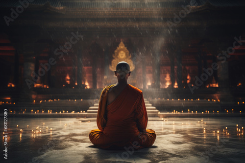 Temple Tranquility: Reverent Monk at Worship