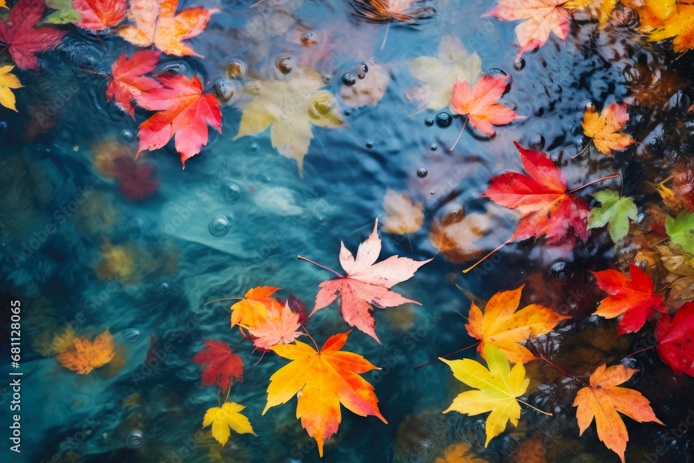 Nature's Palette: Floating Fall Foliage in Pond Nature's Palette: Floating Fall Foliage in Pond