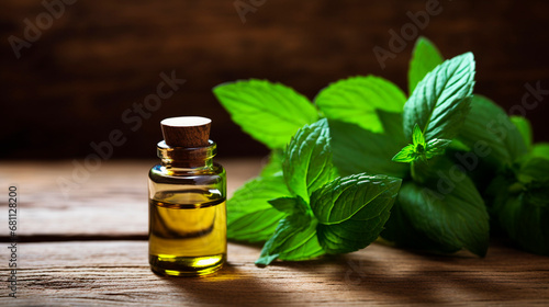 Peppermint essential oil in a bottle. Generative AI,