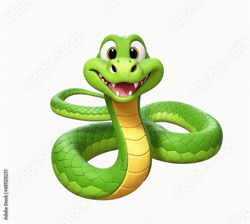 A 3d cartoon character snake python on the white background, looking cute, adorable and joyful