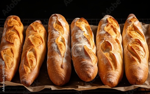 Row of freshly baked baguettes with a golden hue photo