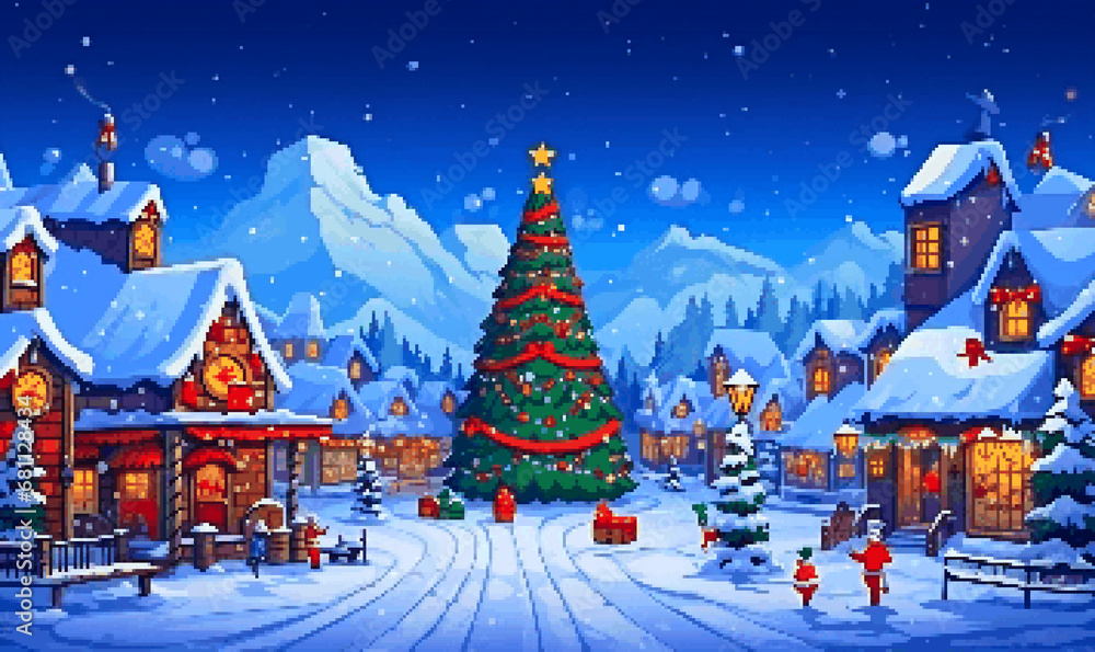 Christmas Festival Backgroud with Decoration (Christmas Tree, Gingerbread House, Reindeer, Santa Claus and Ornament), Pixel Art Retro RPG Game 8 bits 16 bits 32 bits Style