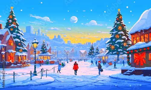 Christmas Festival Backgroud with Decoration (Christmas Tree, Gingerbread House, Reindeer, Santa Claus and Ornament), Pixel Art Retro RPG Game 8 bits 16 bits 32 bits Style