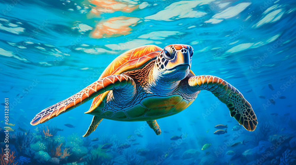 Fototapeta premium Turtle swims in the water. Generative AI,
